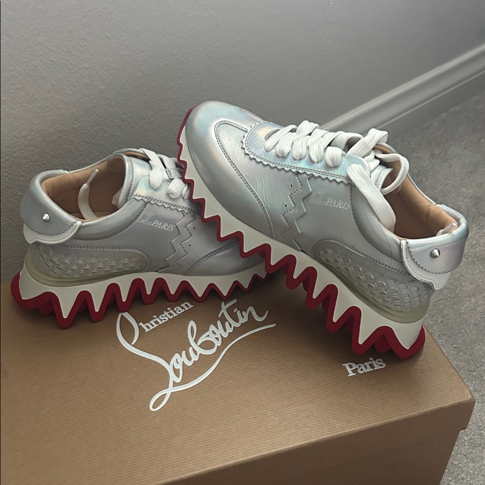 Christian Louboutin Metallic Silver Sneakers with Red Soles